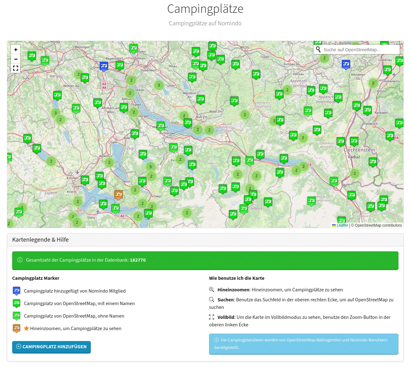 Karte mit Campingplätzen
