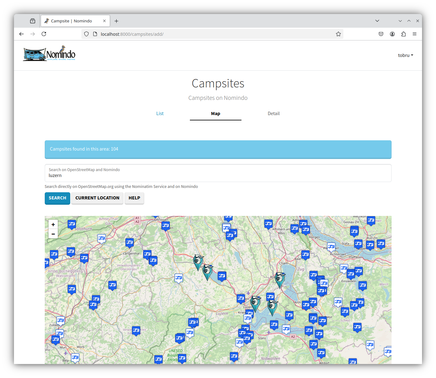 Karte der Campingplätze in Nomindo Karte der Campingplätze in Nomindo